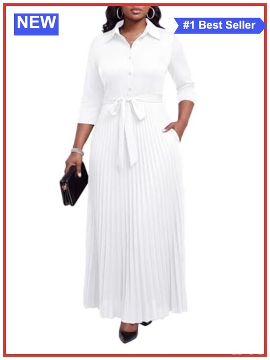 Dresses & Skirts - Women's Maxi Dress 3/4 Sleeve Button Down Pleated Church Work Dress